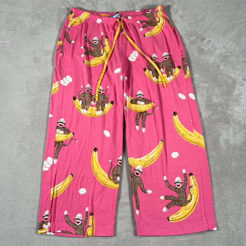 Nick & Nora Pajama Pants Women's Small Pink Sock Monkey Banana Sleepwear Lounge